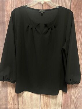 Talbots Black Pleated Neck 3/4 Sleeve Blouse